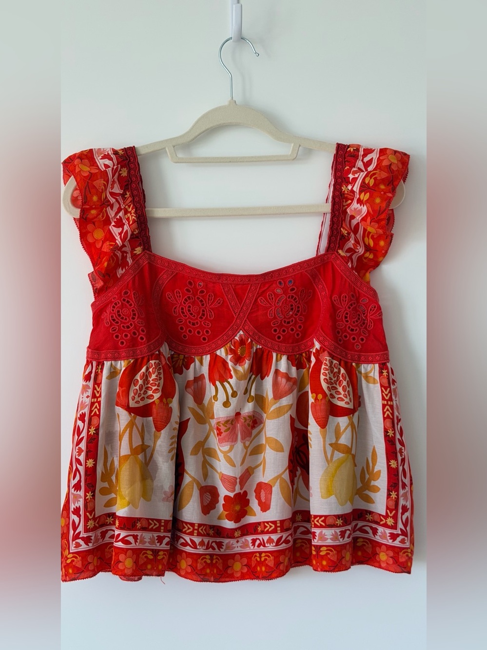 FARM RIO Red Floral Eyelet Smocked Blouse